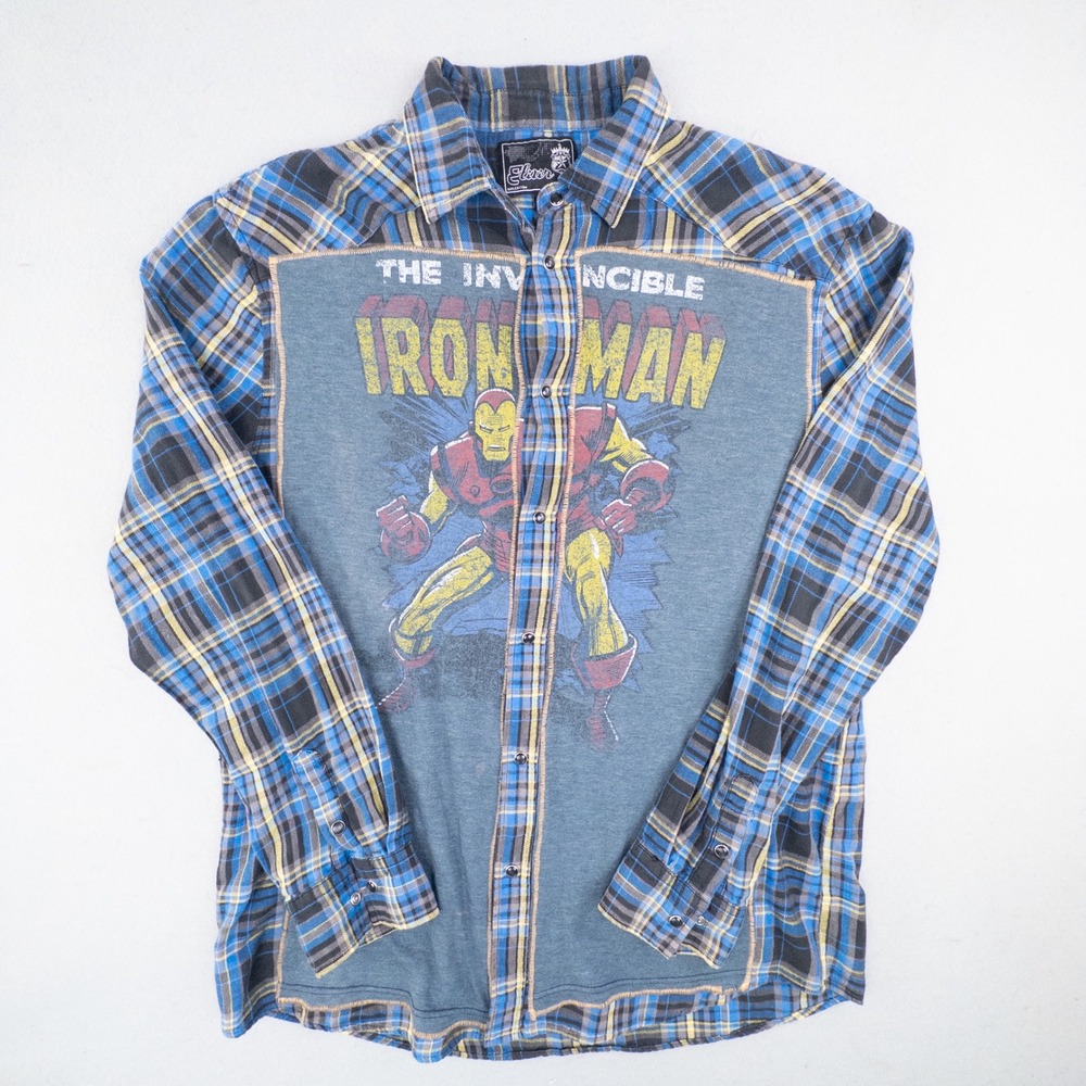 Y2K/2000s Marvel Streetwear Elixir Gena Lee Designs Iron Man Plaid Flannel XXL